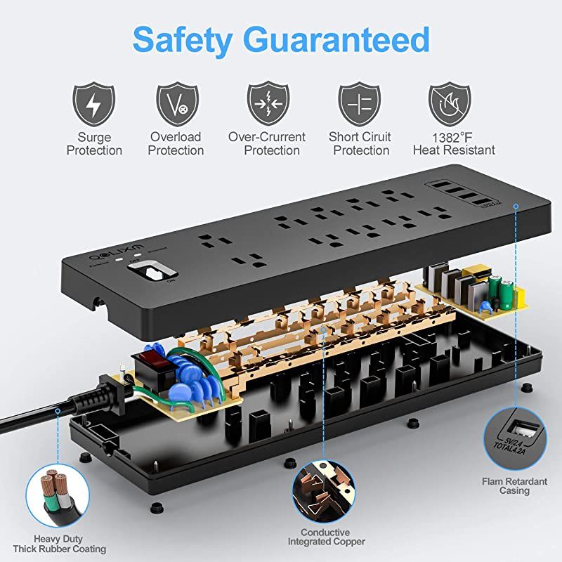 Power Strip,  Surge Protector with 10 AC Outlets & 4 USB Ports (5V/4.2A), 1875W/15A, 6 Feet Long Extension Cord(Black)