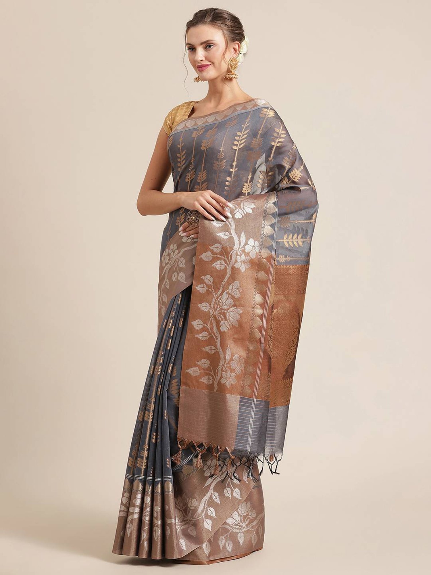 Banarasi Silk Works Grey Woven Saree with Blouse