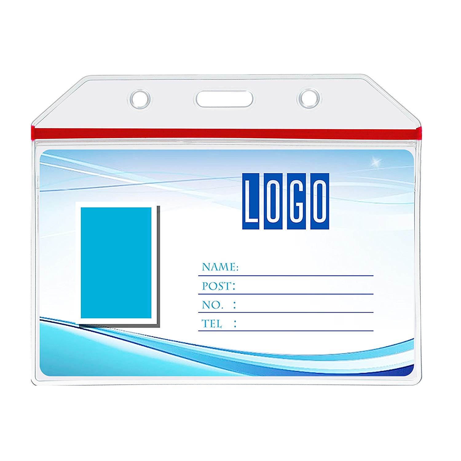 Badge Holder, 10 Pack PVC Heavy Duty Clear Name ID Card Holder With Waterproof Resealable Zip by Wisdompro - Horizontal Red