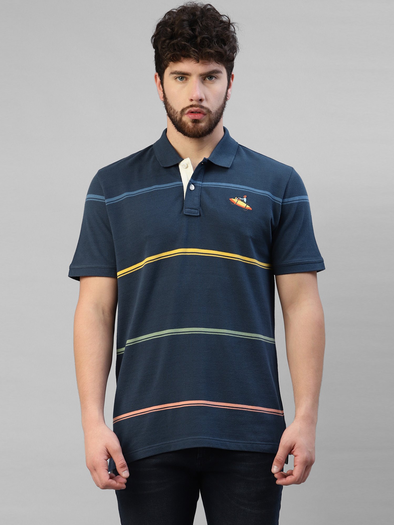 Royal Enfield Navy Regular Fit Thick & Thin Pin Polo T-Shirt