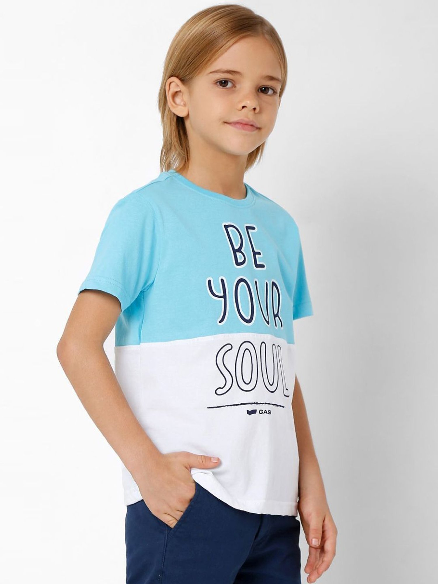 Gas Kids Blue & White Cotton Color Block T-Shirt