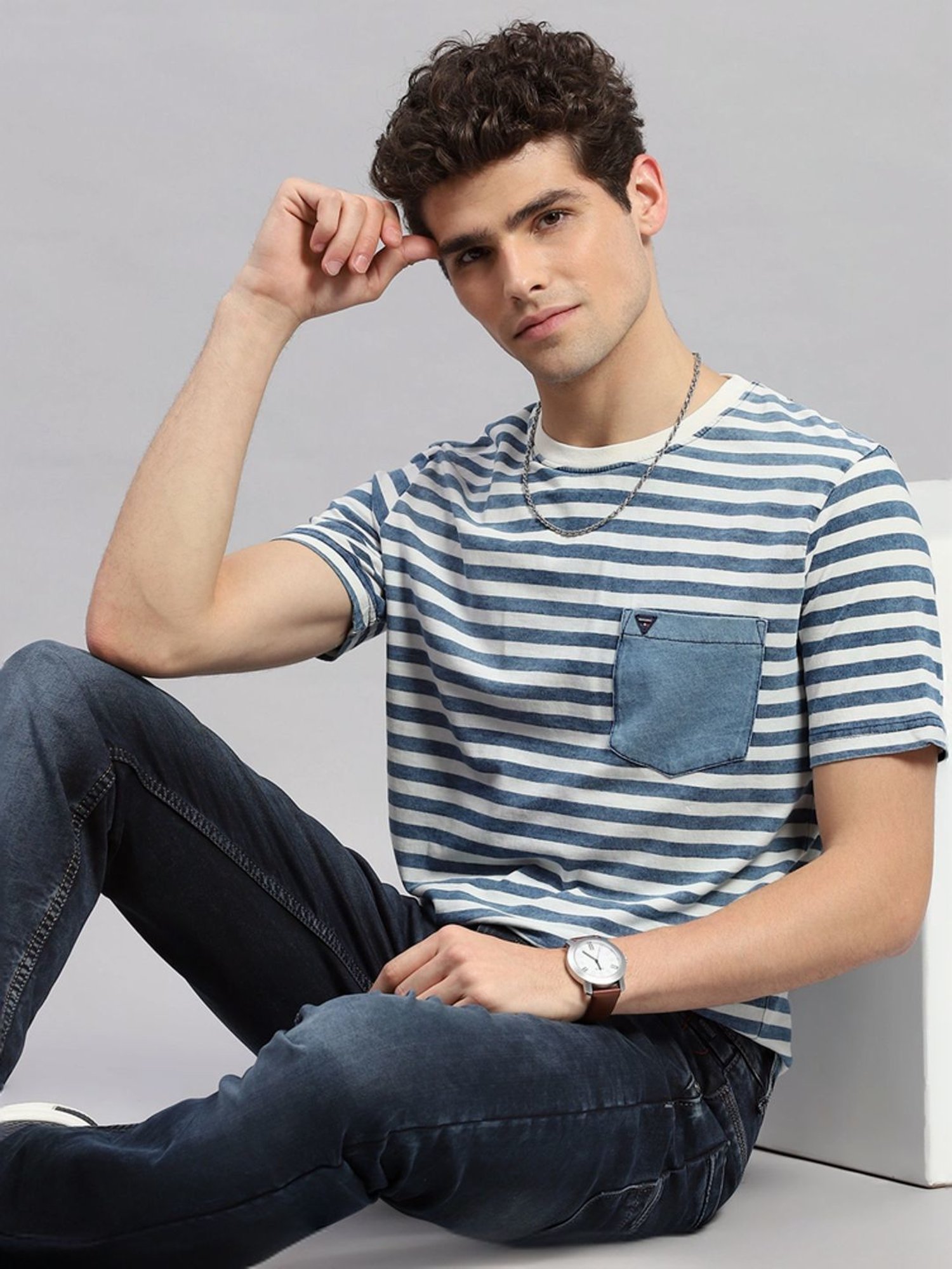 Monte Carlo Light Blue Regular Fit Striped T-Shirt
