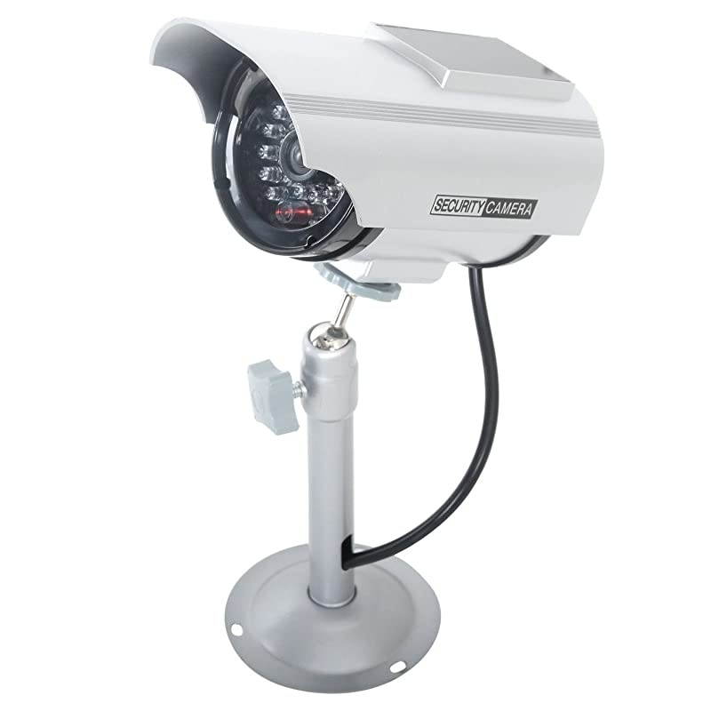 Solar Powered Bullet Dummy Fake Simulated Surveillance Security CCTV Dome Camera Indoor Outdoor with 1 LED Light Warning Security Alert Sticker Decal SOLTCS4 4 Packs Silver