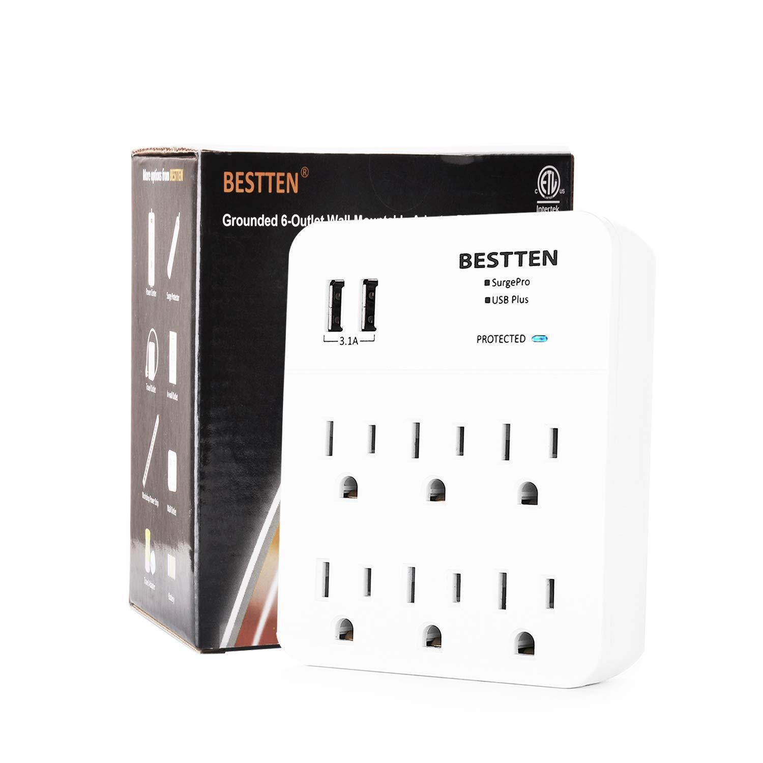 BESTTEN Multi Wall Tap Outlet Adapter Surge Protector with 2 USB Charging Ports (2.4A/Port, 3.1A Total) and 6 Electrical AC Sockets, ETL Certified, White