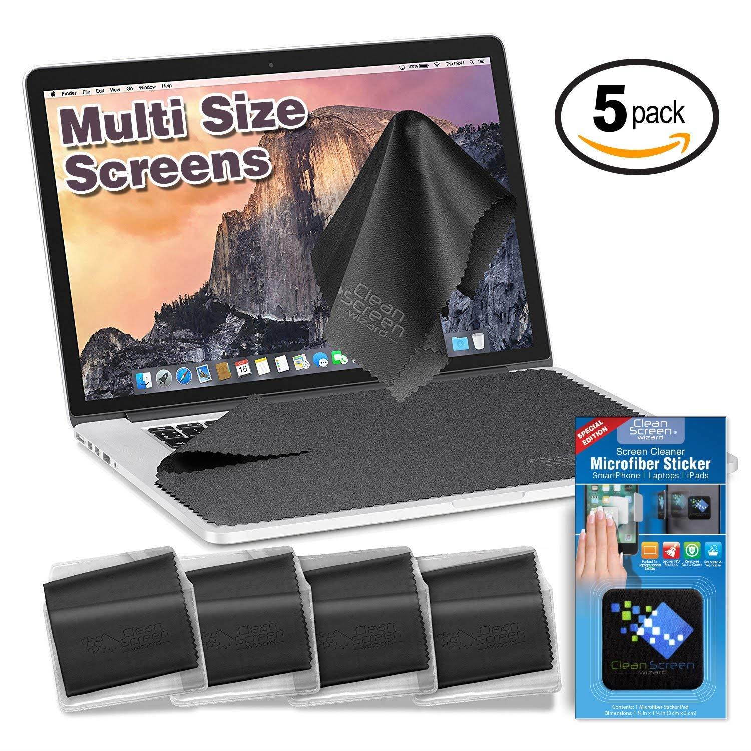 Clean Screen Wizard Microfiber Keyboard Covers, Screen Protectors, Screen Cleaner Kit for MacBook Pro 15, for MacBook Pro 13, Mac Air 13 and Laptops Multi Size Screens- 5 Pack Cloths and Sticker