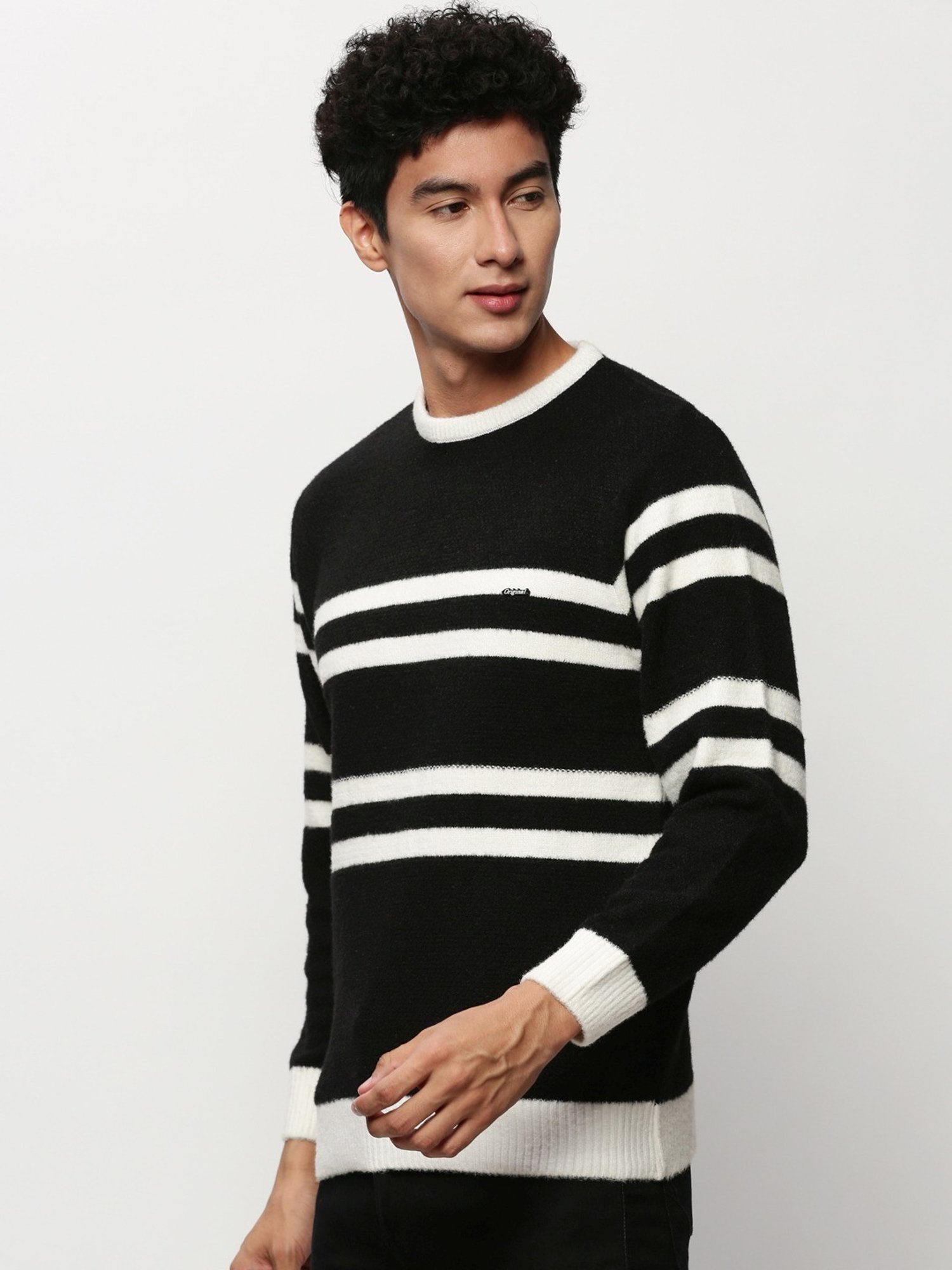 SHOWOFF Black Slim Fit Striped Sweater
