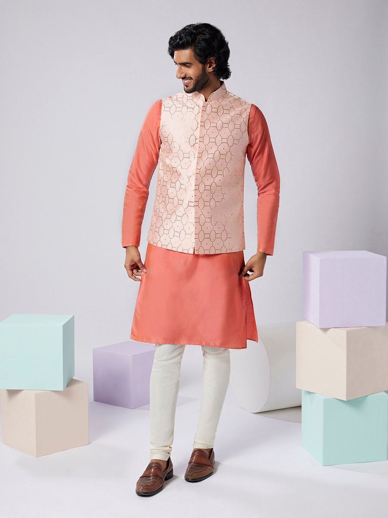 KISAH Pink & Cream Regular Fit Embellished Kurta & Churidar With Nehru Jacket