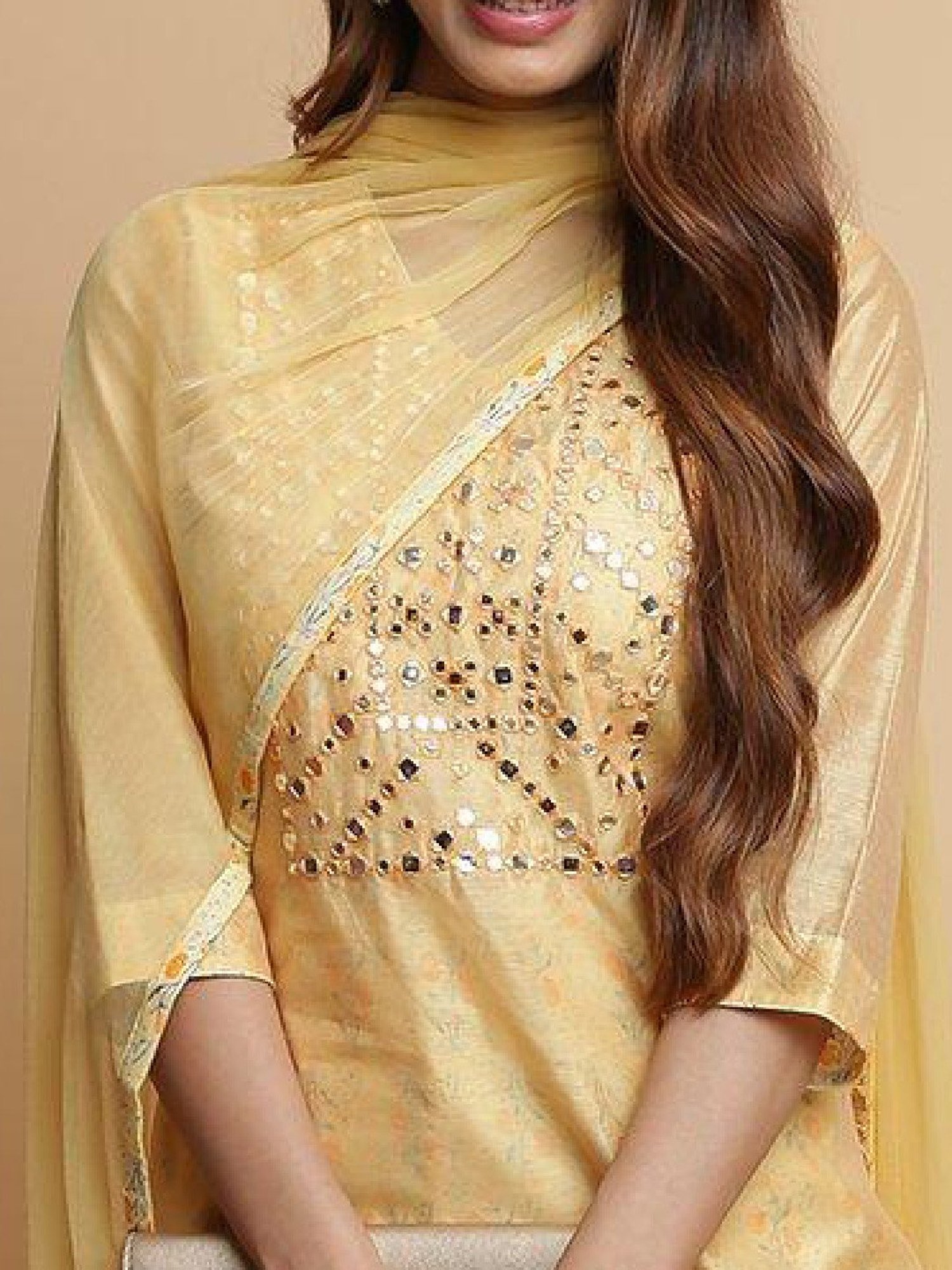 Biba Yellow Embellished Kurta With Pant & Dupatta