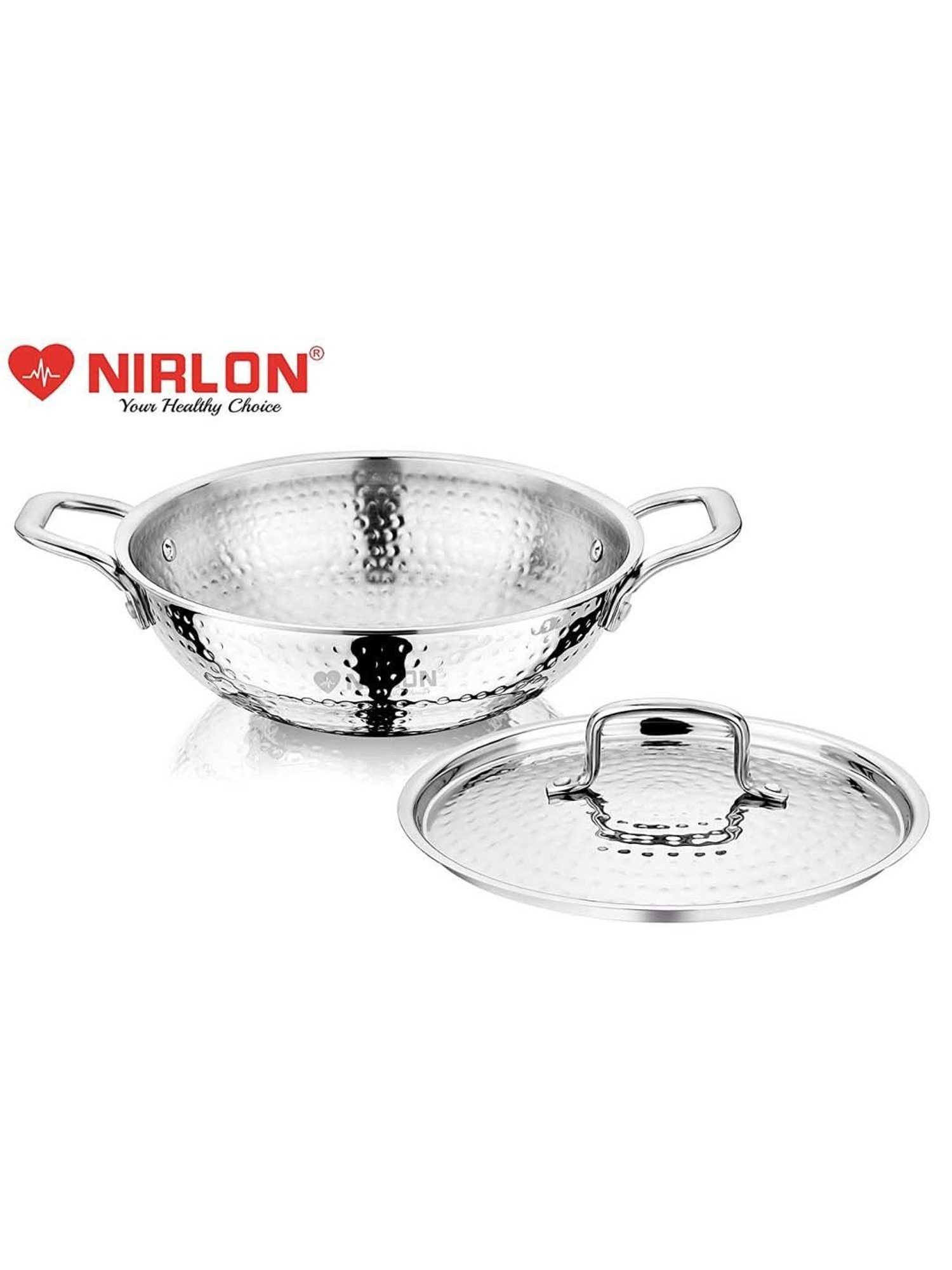 Nirlon Silver Stainless Steel 20 cm Induction & Gas Hammered Tri-Ply Deep Kadhai With Lid (1.5 L)