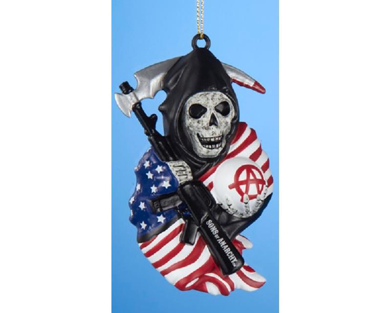 Kurt S. Adler 4" Sons of Anarchy Patriotic Grim Reaper with Sickle Leather Vest Logo Christmas Ornament