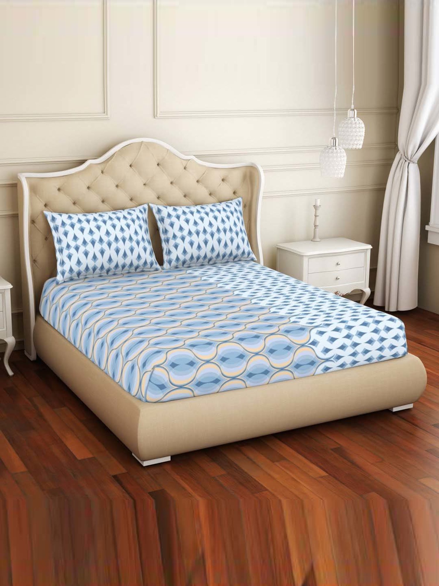 Welspun Dream Blue Cotton  Double Size Bedsheet With Pillow Covers