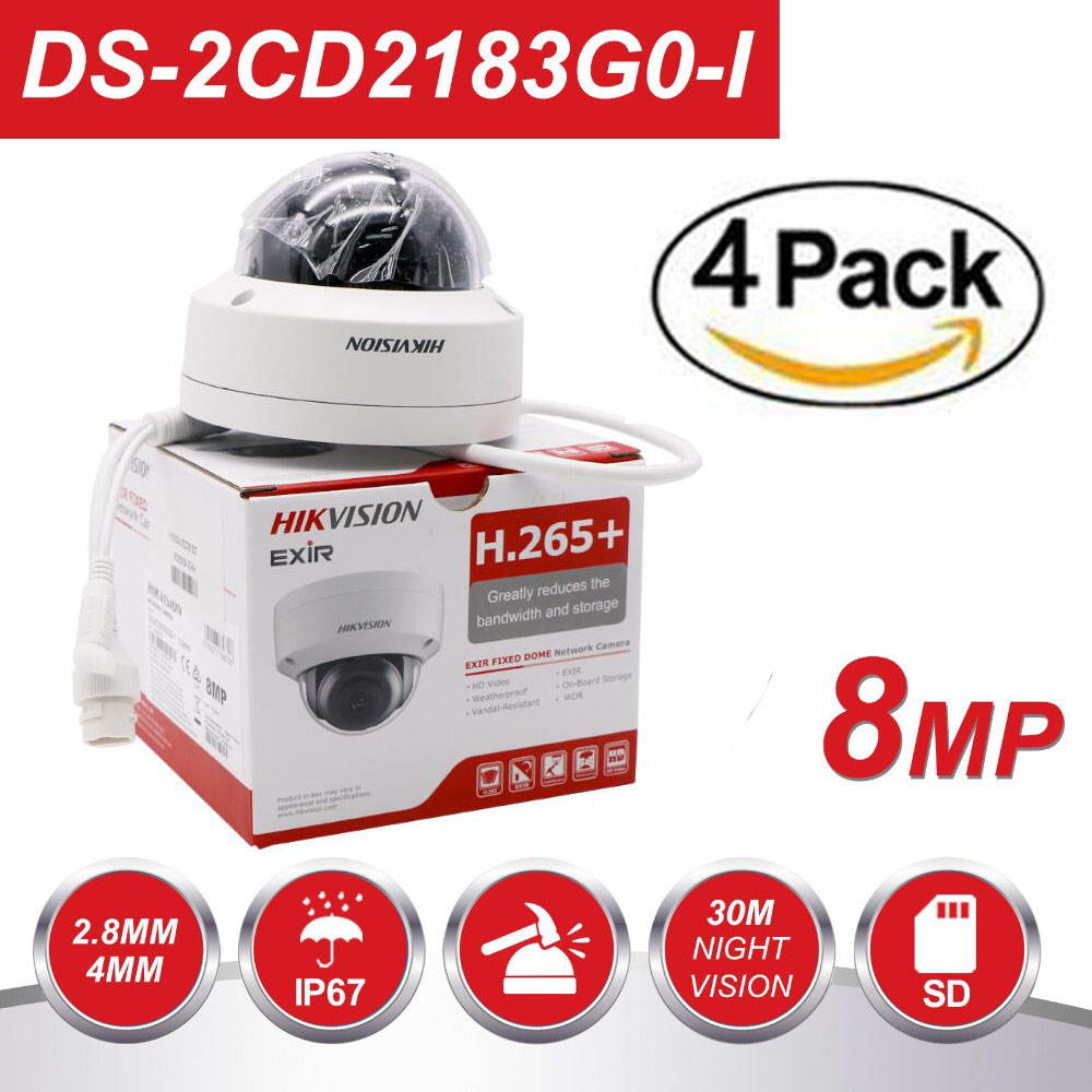 Hikvision 8MP H265+ 4K HD DS-2CD2183G0-I PoE IP Network Dome Security Camera with EXIR 98ft Night Vision, Smart H.265+ WDR, SD Card Slot, ONVIF, IP67 [English Version] (4mm Lens,4-Pack)