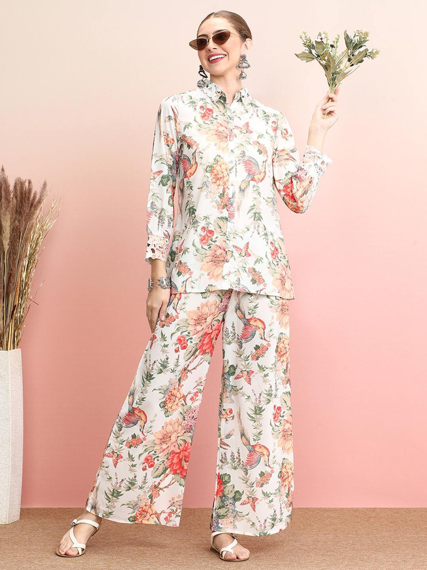 Indo Era White Floral Print Shirt Palazzo Set