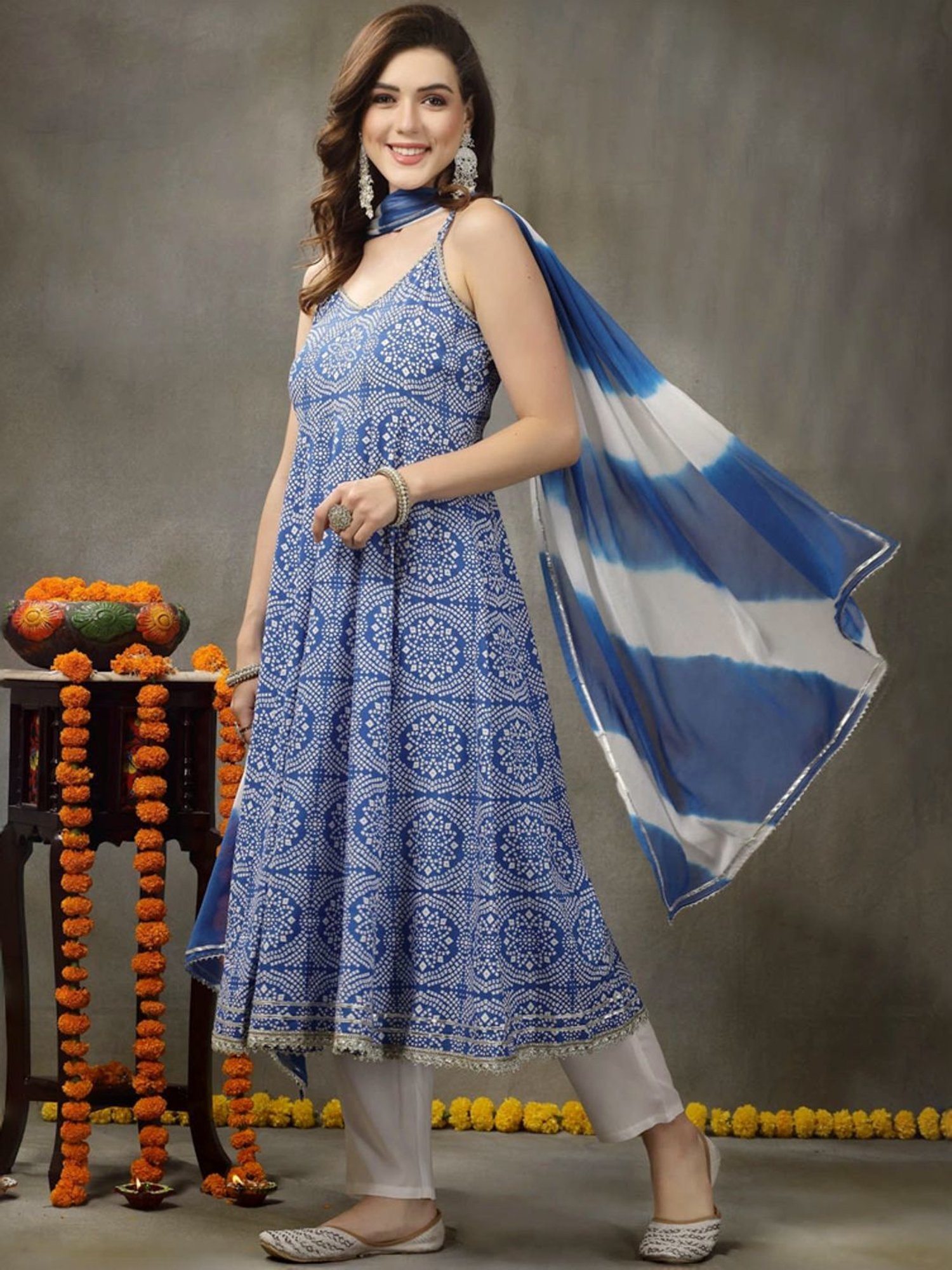 Stylum Blue & White Bandhani Print Kurta & Pant Set With Dupatta