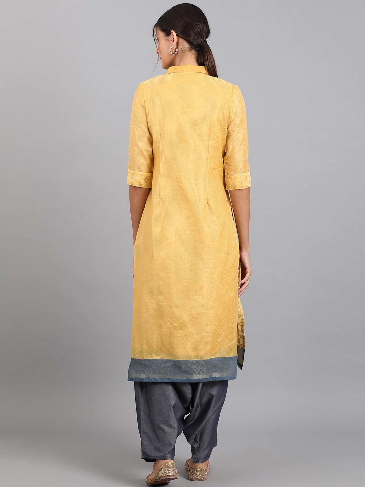 W Yellow Printed Straight Double Layered Kurta