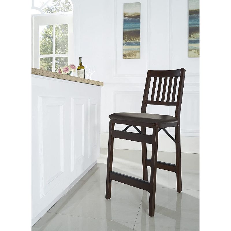 MECO Stakmore Premium Solid Wood Dining Table Folding Counter Stools Set with Fabric Padded Upholstered Seat, Espresso (2 Pack)