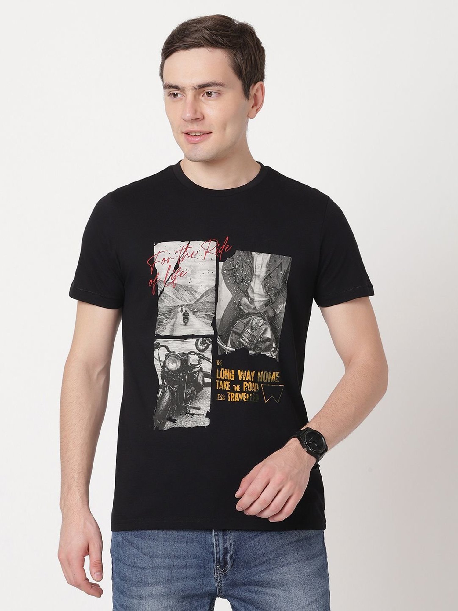 Wrangler Jet Black Cotton Regular Fit Printed T-Shirt