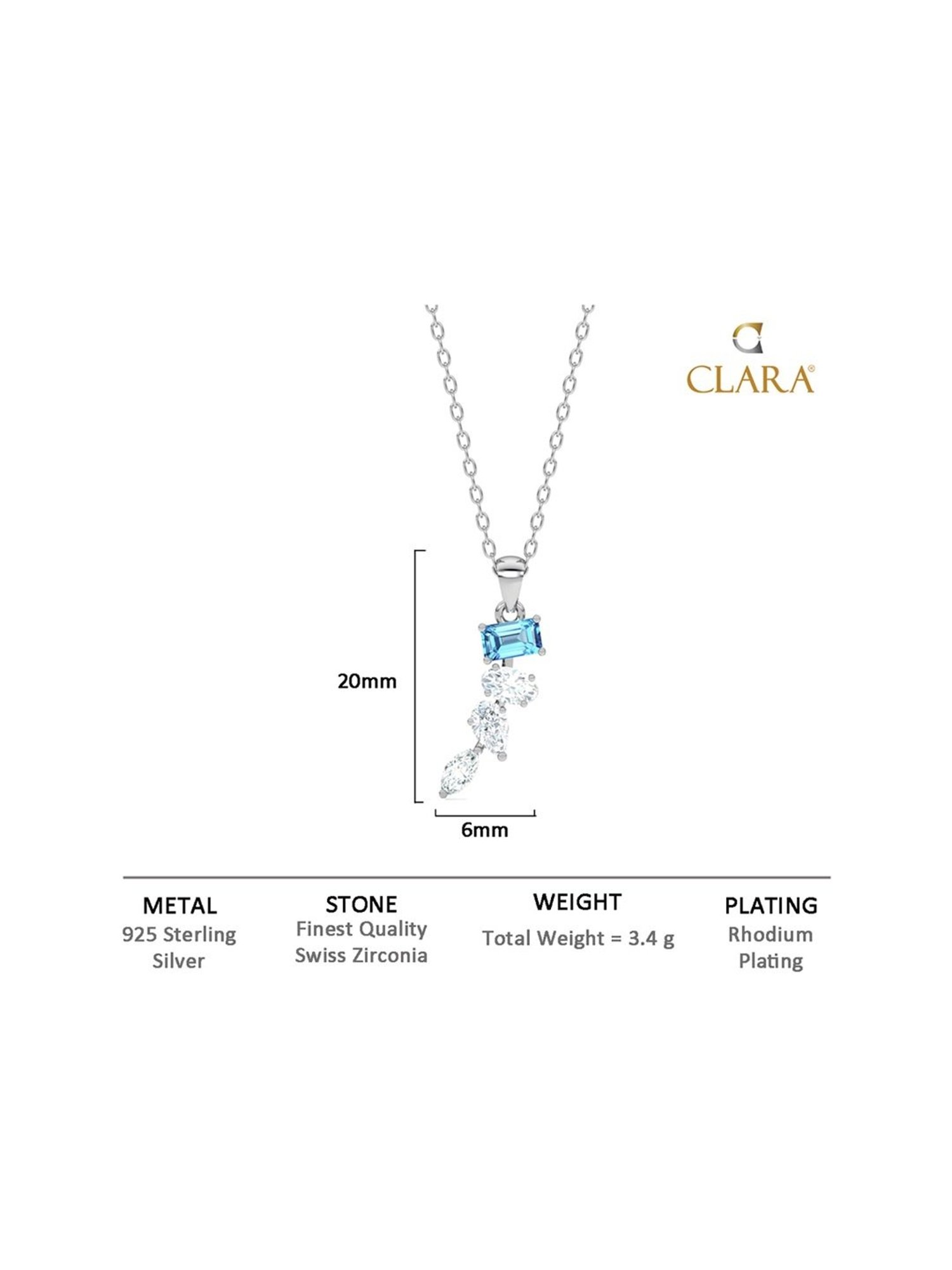 Clara 925 Silver Rhodium-Plated Swiss Zirconia Diamante Pendant with Chain Necklace