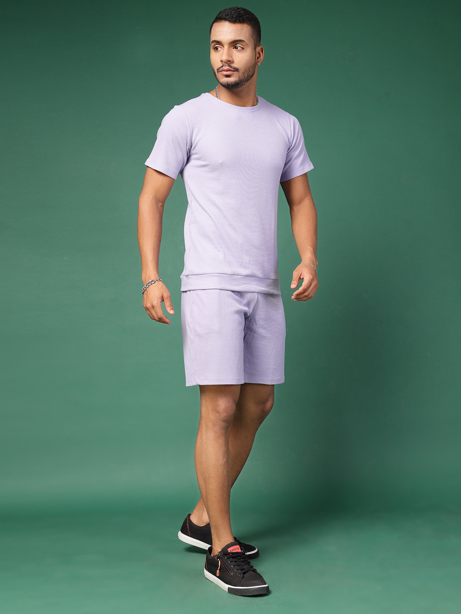 Rigo Light Purple Slim Fit Textured T-Shirt & Shorts Set