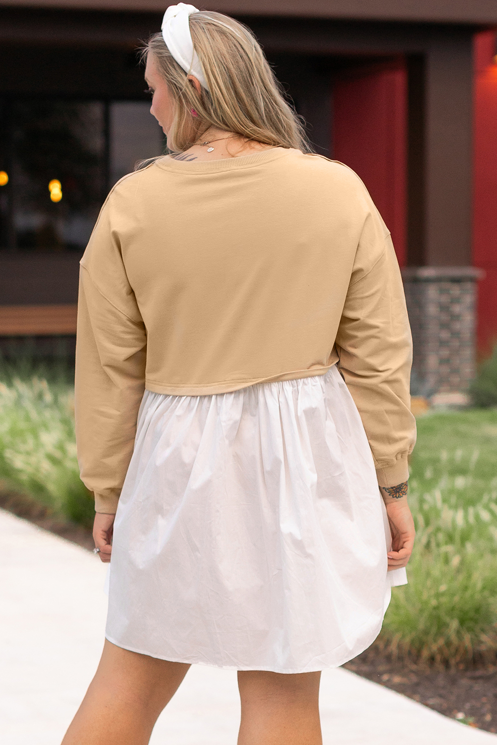 Apricot Color Block Patchwork Plus Size Mini Dress