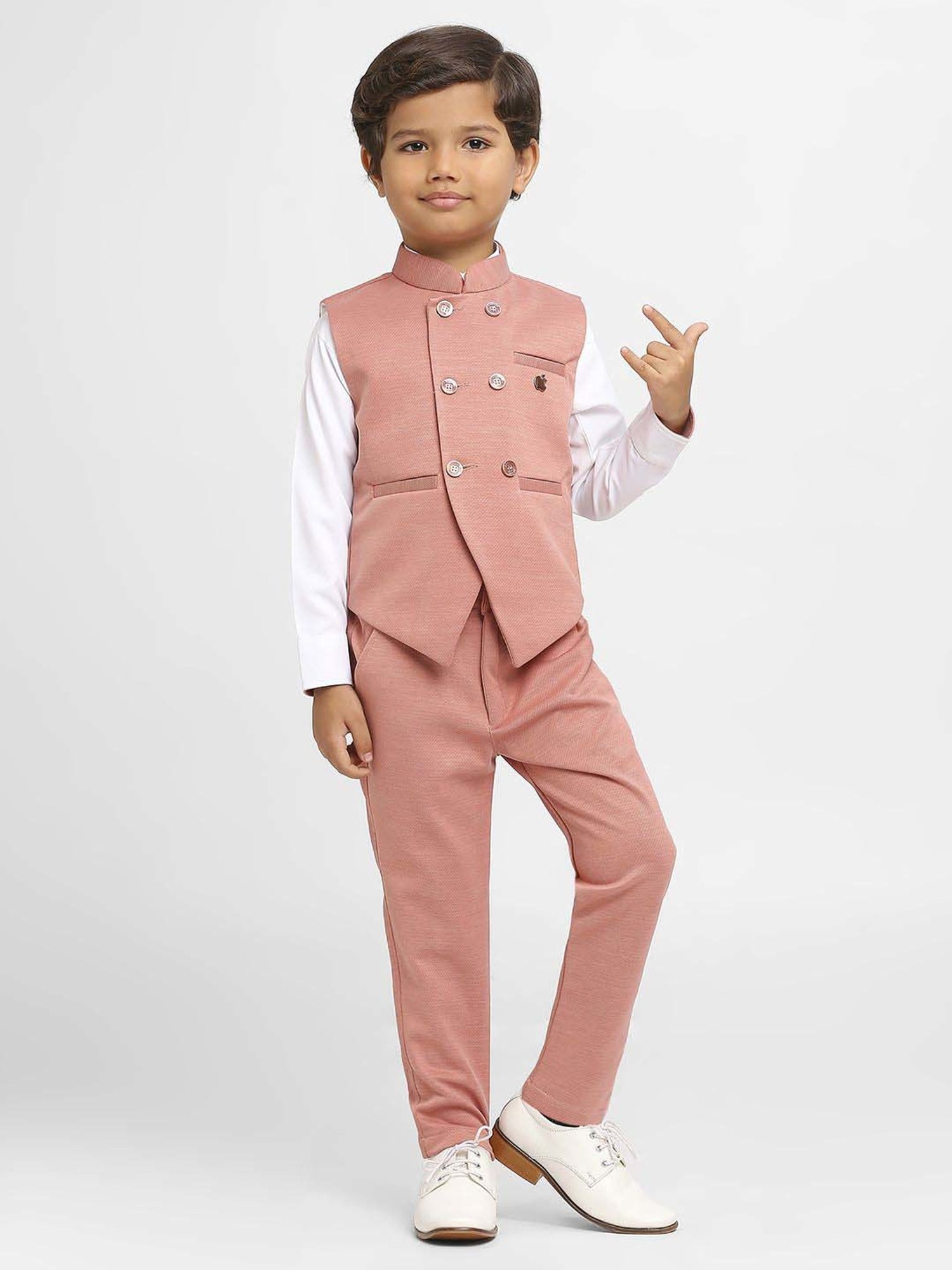 Kids Island Boys Peach Solid Full Sleeves Suit Set
