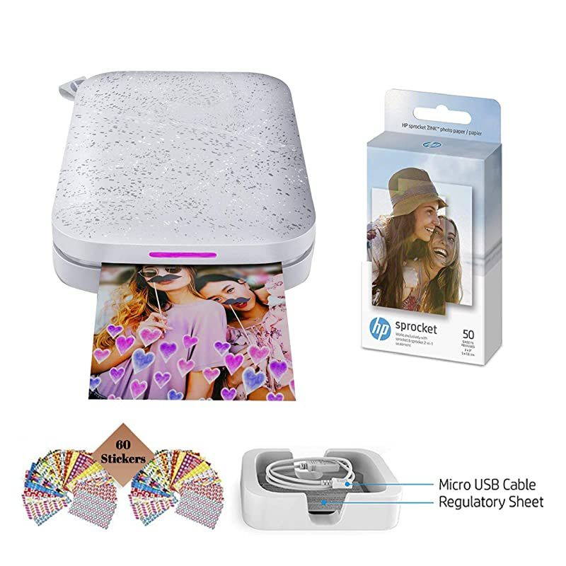 Sprocket Photo Printer, (2nd Edition) Print Social Media Photos on 2x3 Sticky-Backed Paper (White) + Photo Paper (50 Sheets) + USB Cable + 60 Decorative Stick-On Border Frames