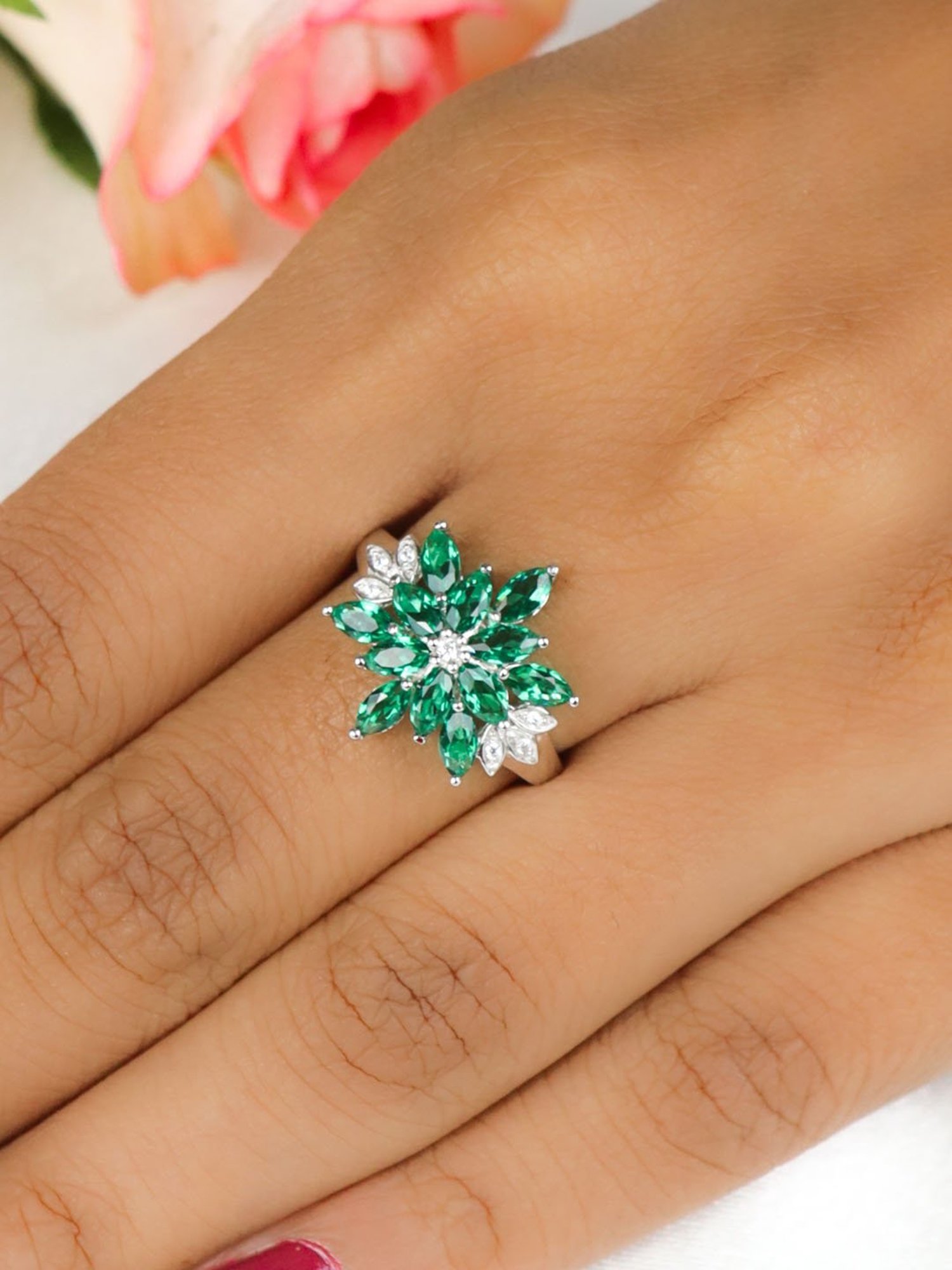 925 Silver Green Emerald and American Diamond Cluster Flower Ring for Women & Girls