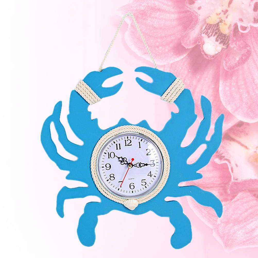 1pc Wooden Crab Wall Clock Silent Wall Clock Non-ticking  Mediterranean Style Wall Clock without Battery (Sky-blue)
