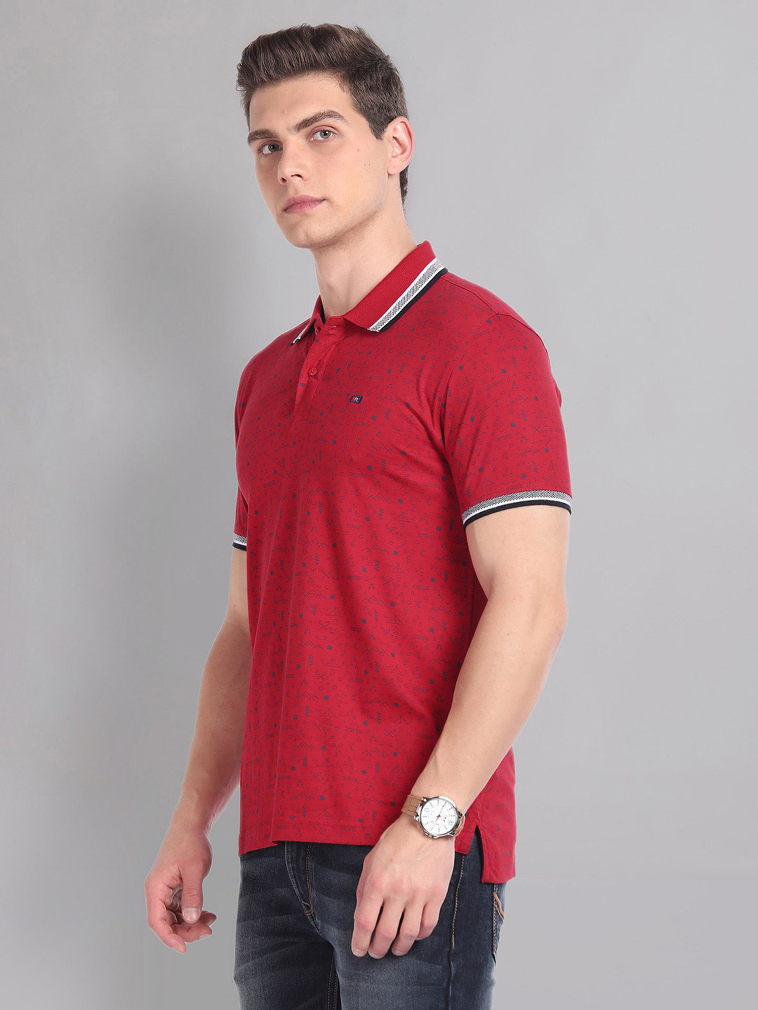 AD by Arvind Red Slim Fit Printed Polo T-Shirt