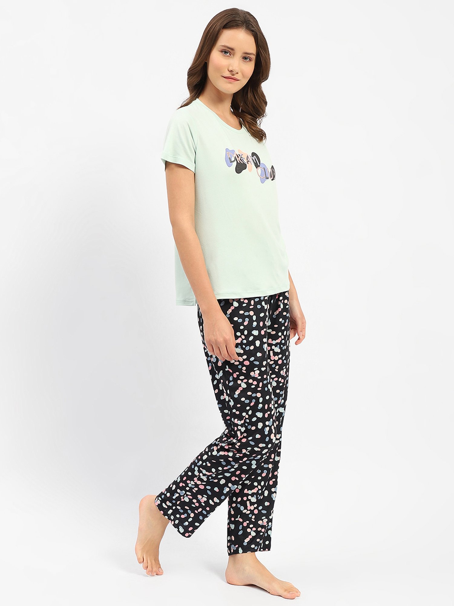 MADAME M Secret Black & Green Graphic Print T-Shirt With Pyjamas