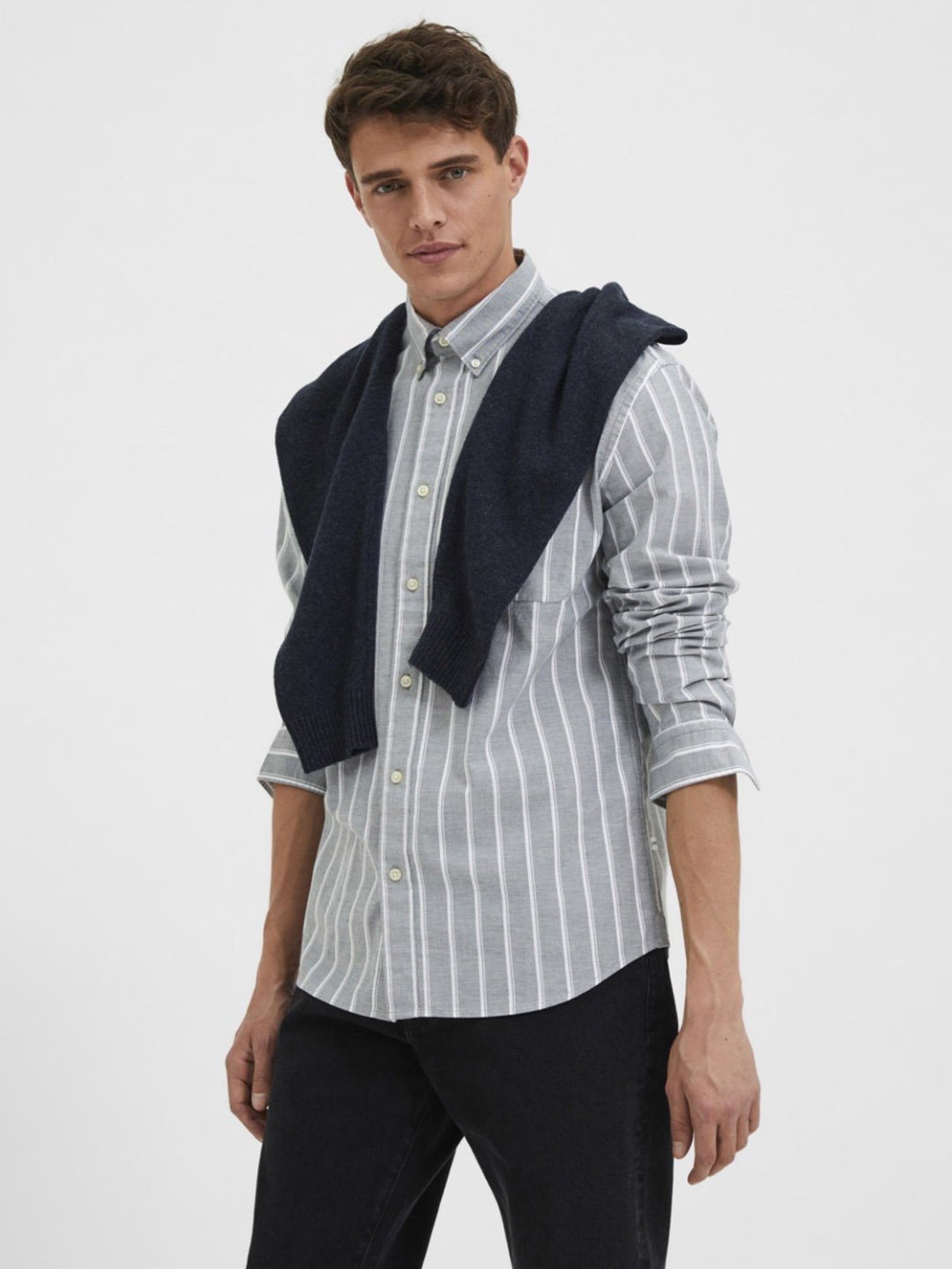 SELECTED HOMME Grey Cotton Regular Fit Striped Shirt