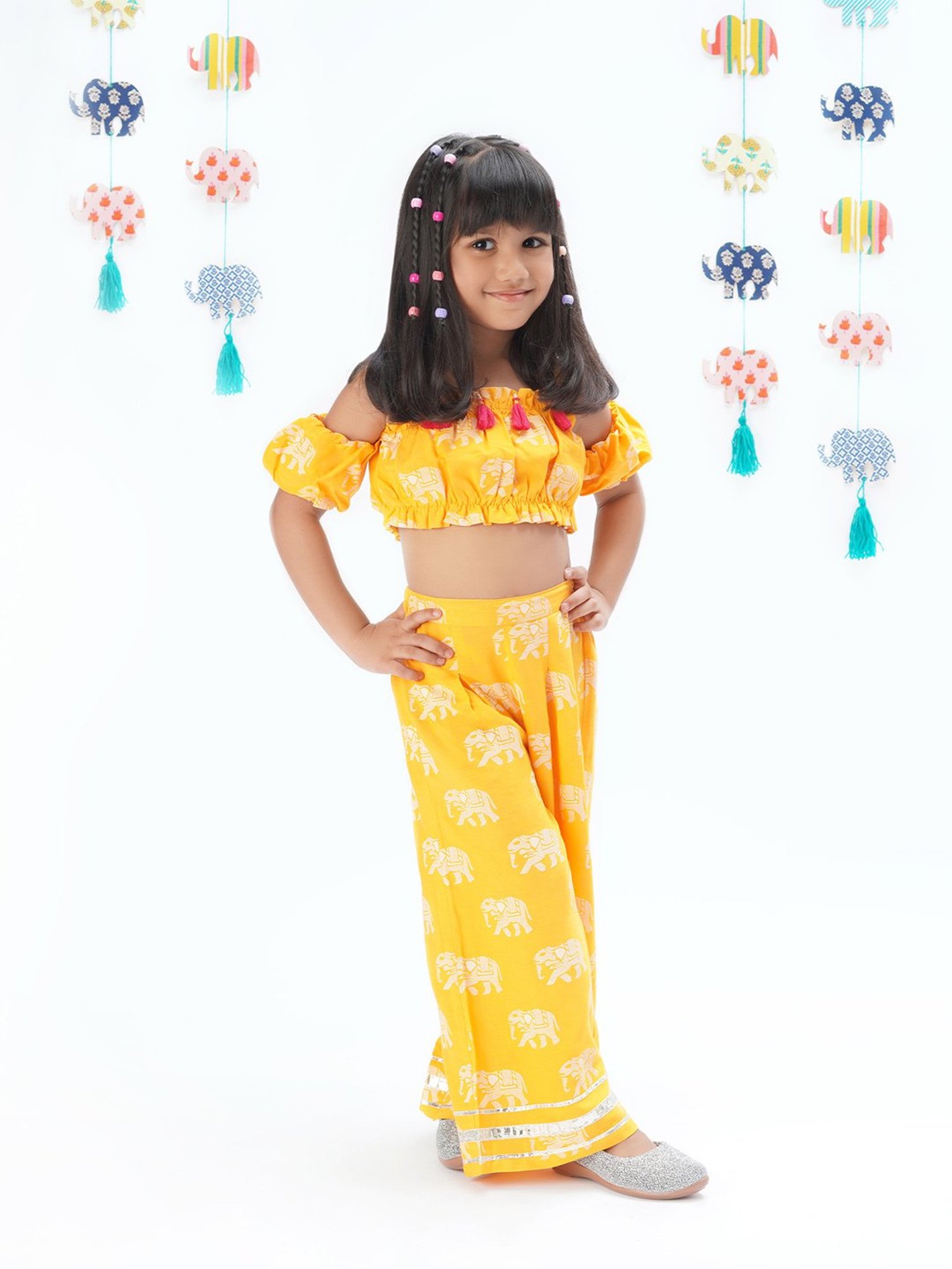 Lil Drama Kids Yellow Printed Crop Top with Pants