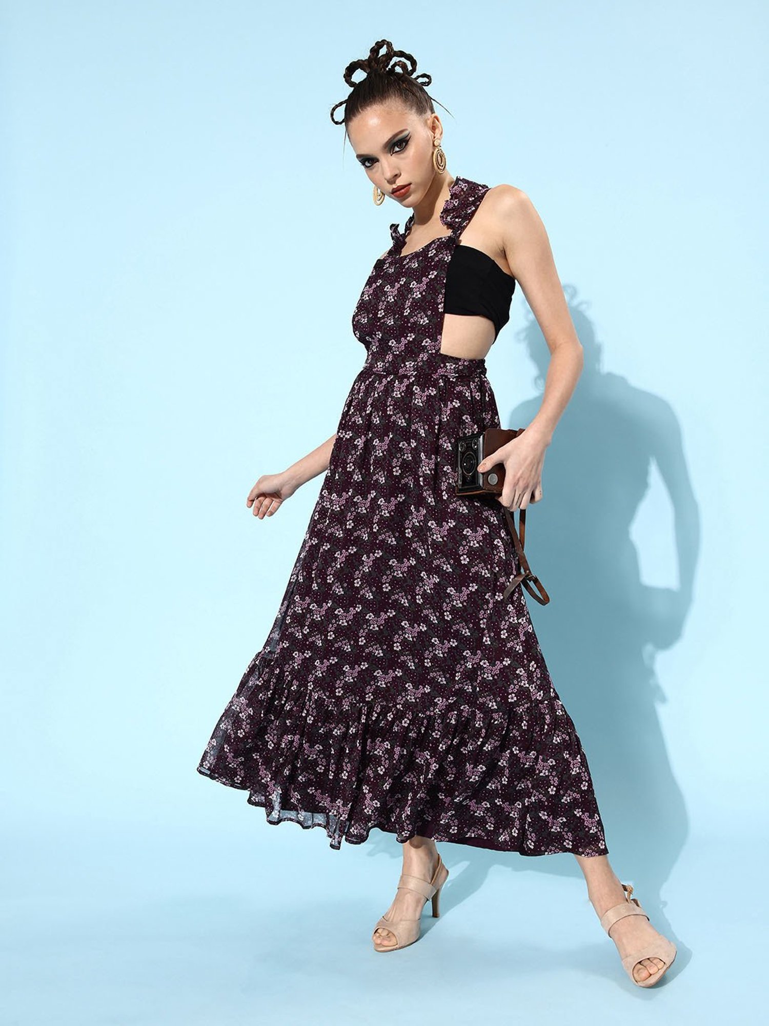QUIERO Wine Floral Print Fit & Flare Dress