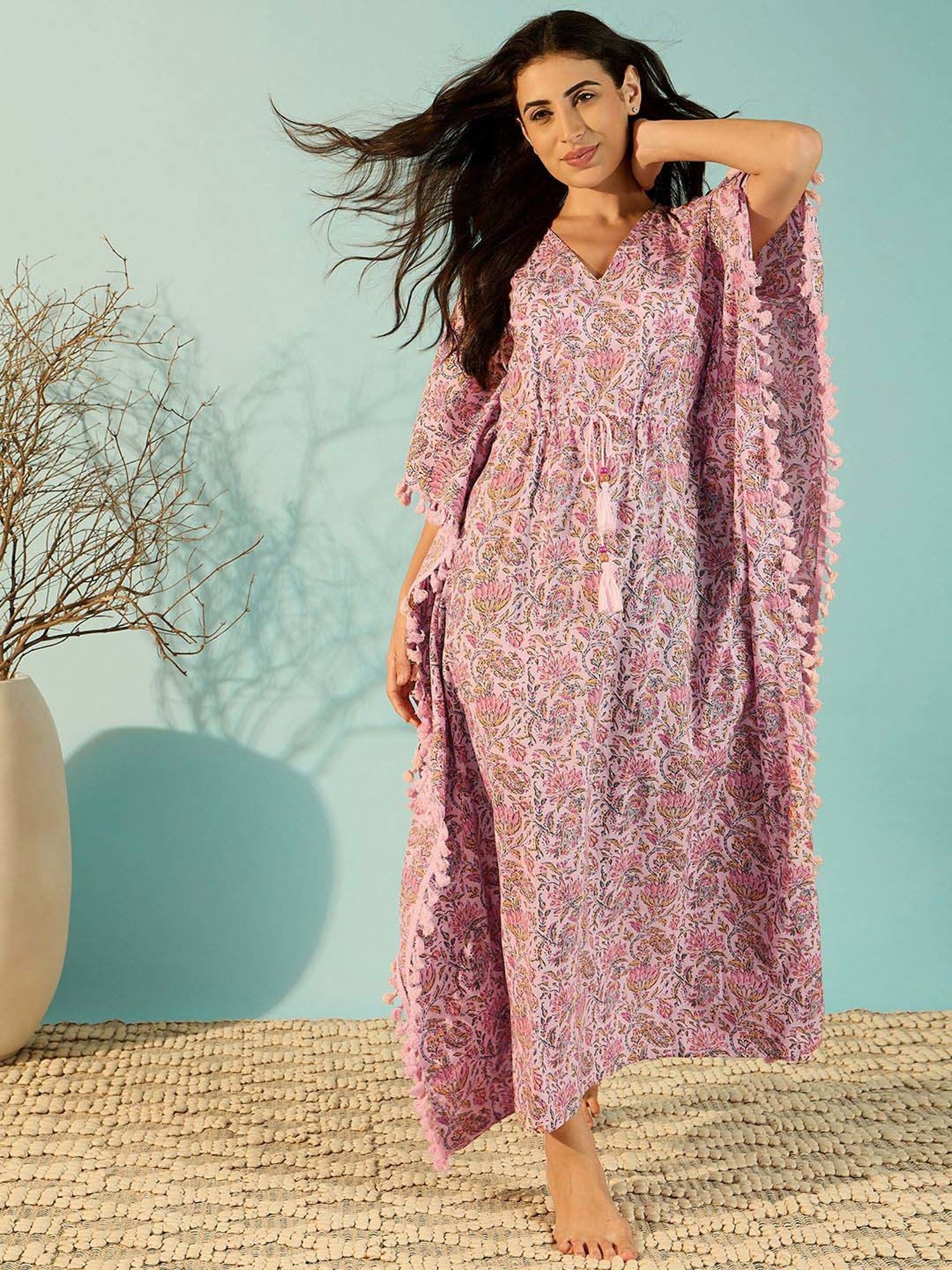 The Kaftan Company Pink Cotton Printed Kaftan