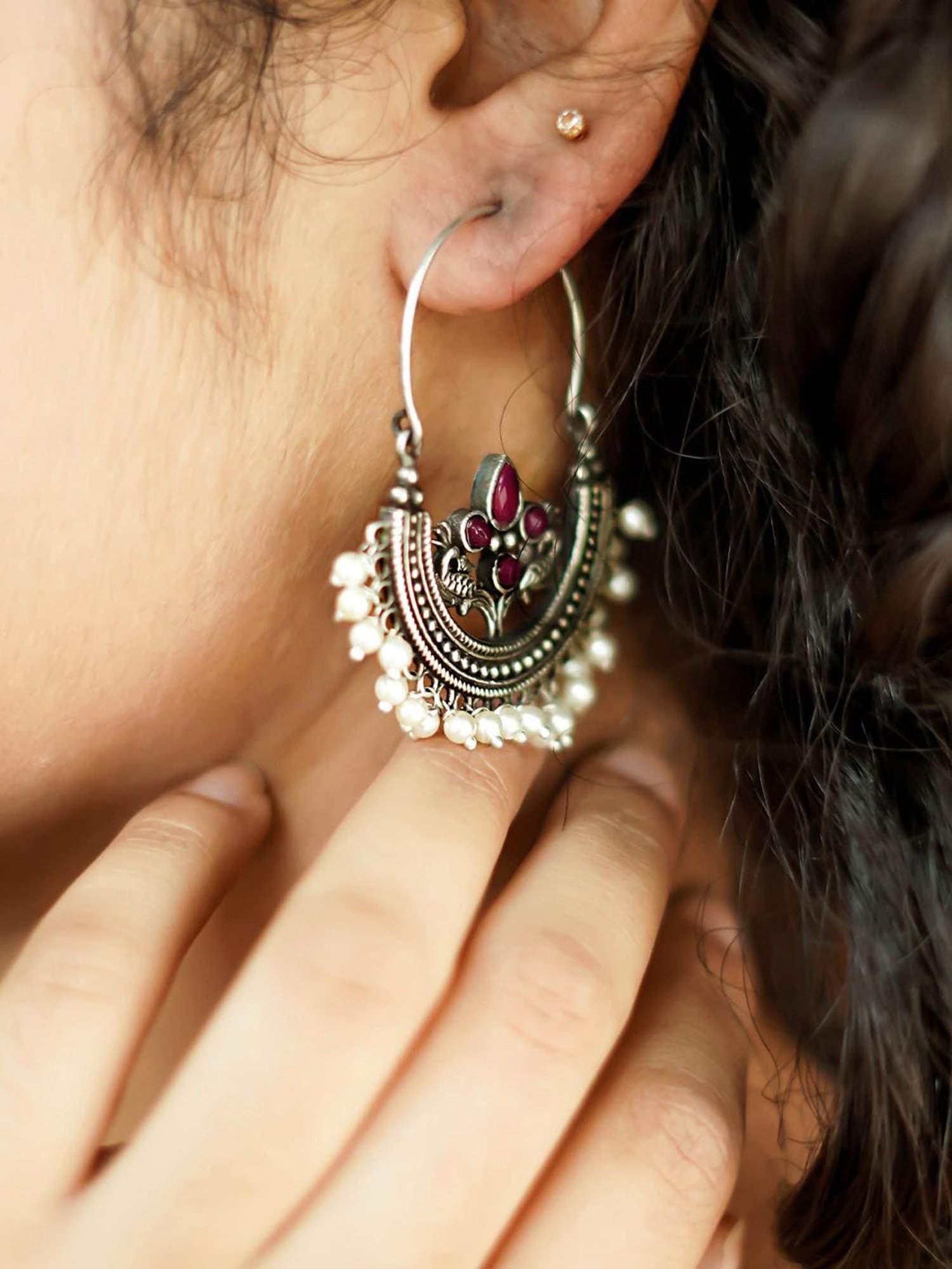 Teejh Saara Floral Pearl & Red Stone Bali Earrings