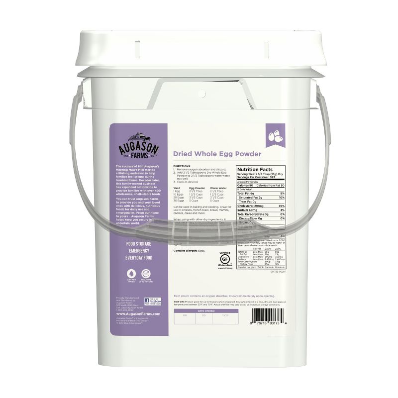 Augason Farms Dried Whole Egg Powder Emergency Food Supply 4-Gallon Pail 383 Servings