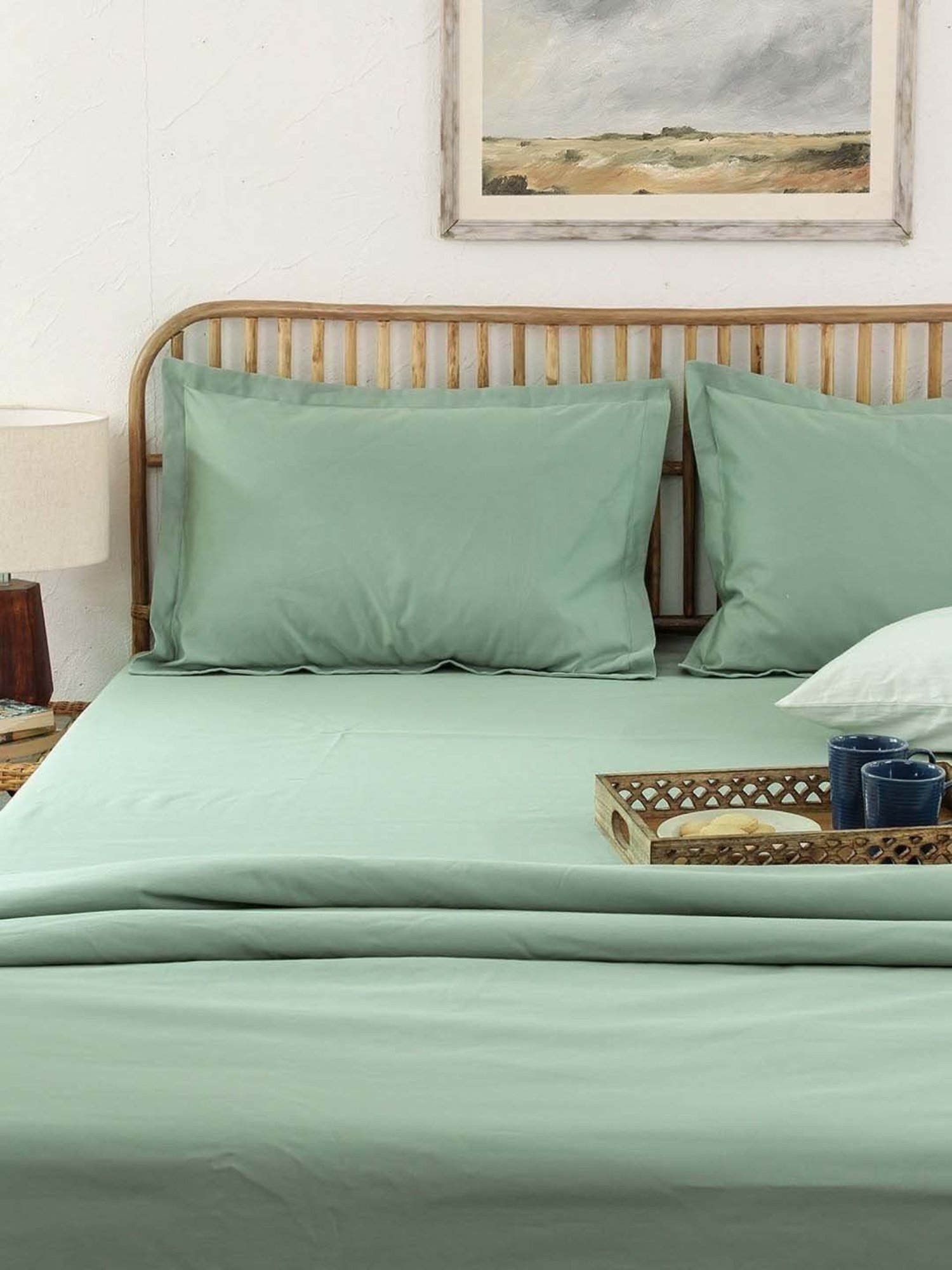 House This Sage Green Cotton 600 TC King Size Bedsheet With Pillow Covers