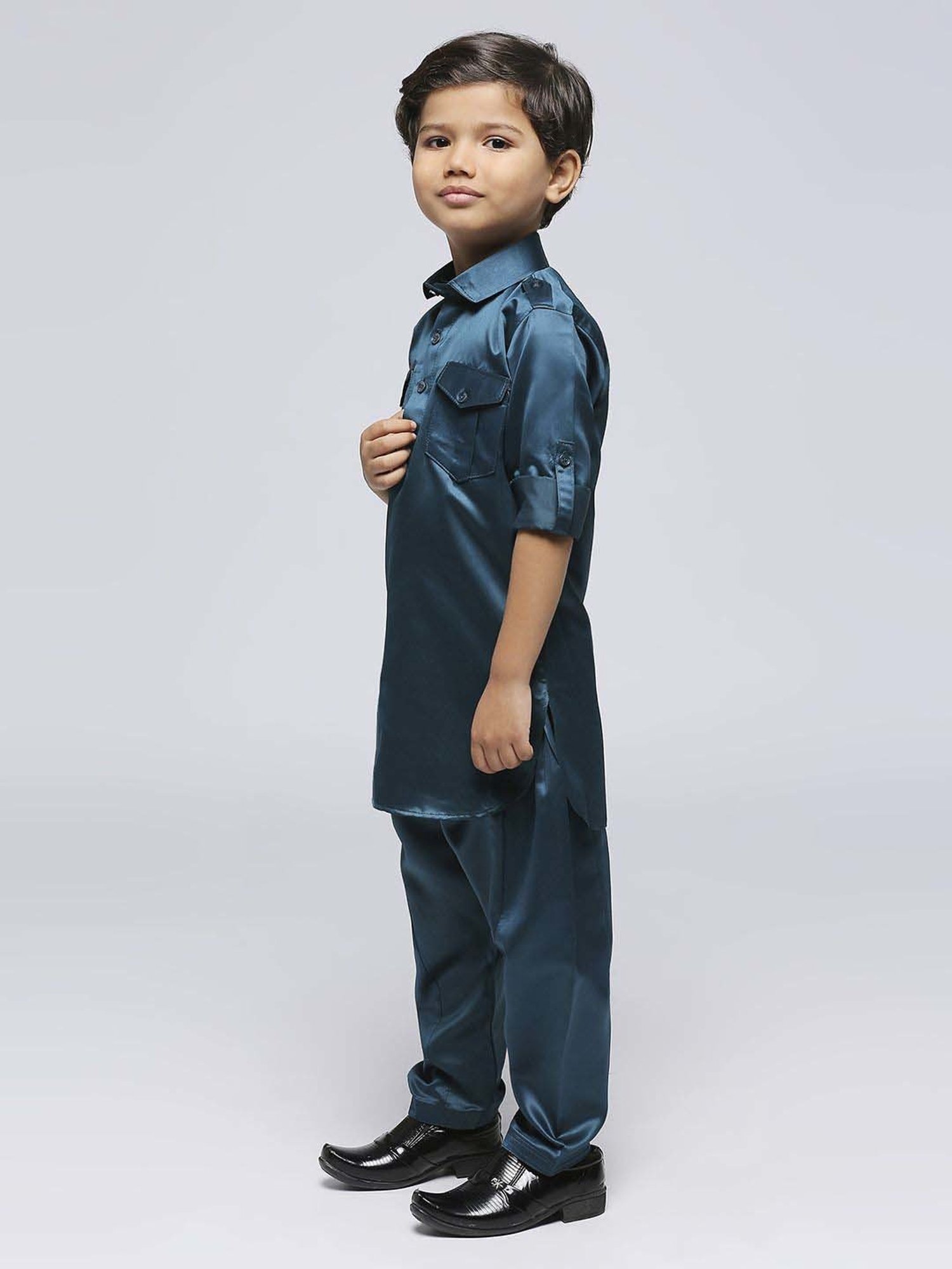 Kids Island Boys Green Solid Full Sleeves Kurta Set