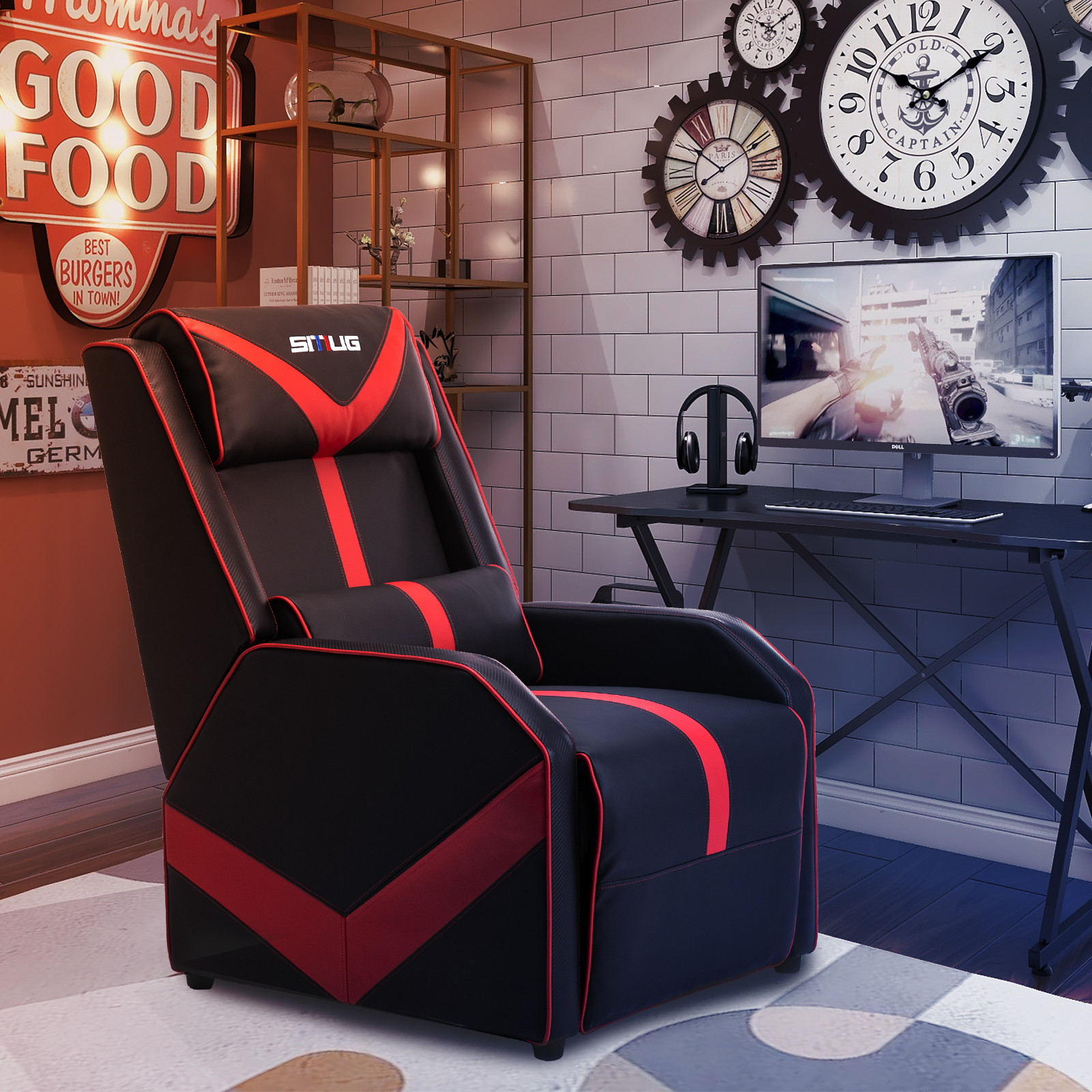 Gaming Recliner Chair Single Living Room Sofa Racing Style Ergonomic Lounge Sofa Modern PU Leather Recliner Home Theater Seat for Living & Gaming Room (Black/Red)
