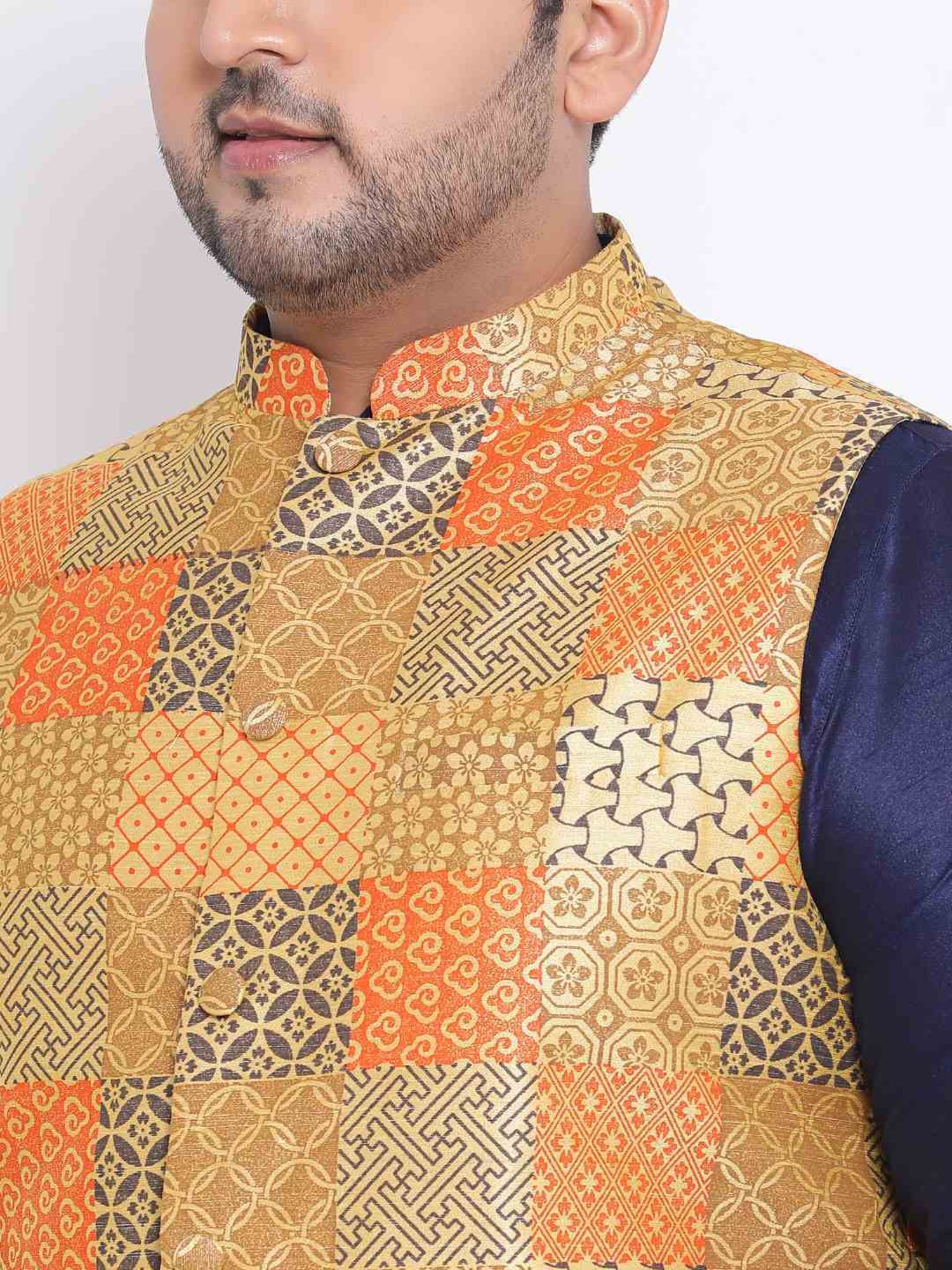 KISAH PLUS Yellow & Navy Regular Fit Printed Kurta Set With Jacket