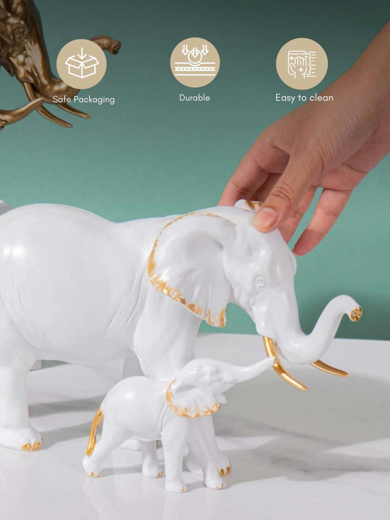 Nestasia Artisanal Resin Made White With Golden Detailing Mother Elephant With Baby Showpiece