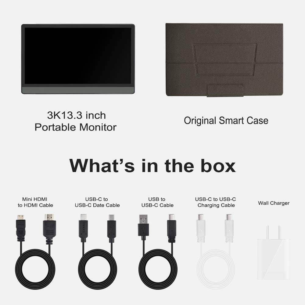 HONGO 3K Portable Monitor Ultra-Slim High Color Gamut Dual Display 13.3 Inch USB C Computer Display with Mini HDMI Type-C, Built-in Speaker for Laptop PC Phone PS4 Xbox Mac Included Smart Cover