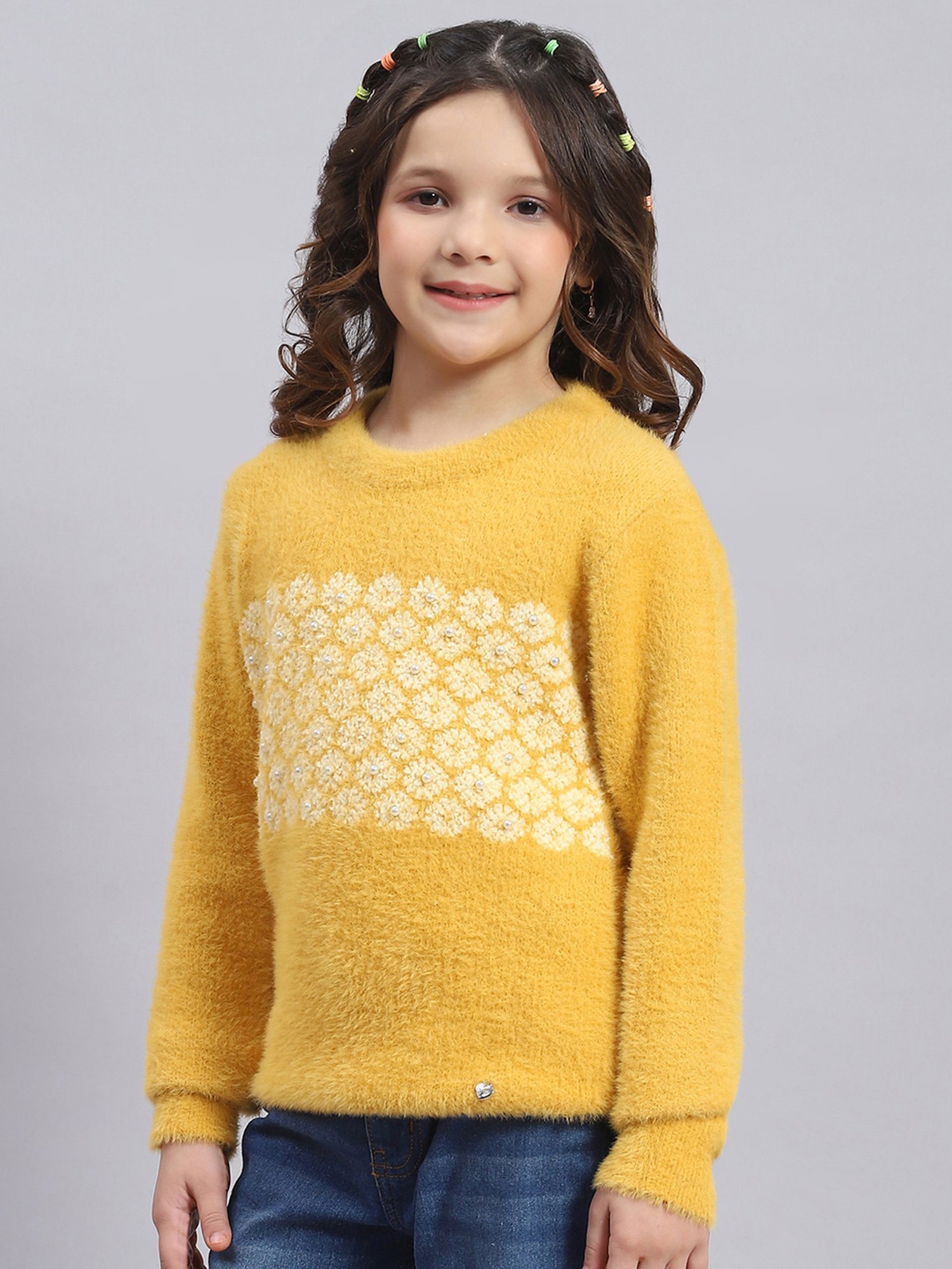 Monte Carlo Kids Mustard Self Design Full Sleeves Sweater