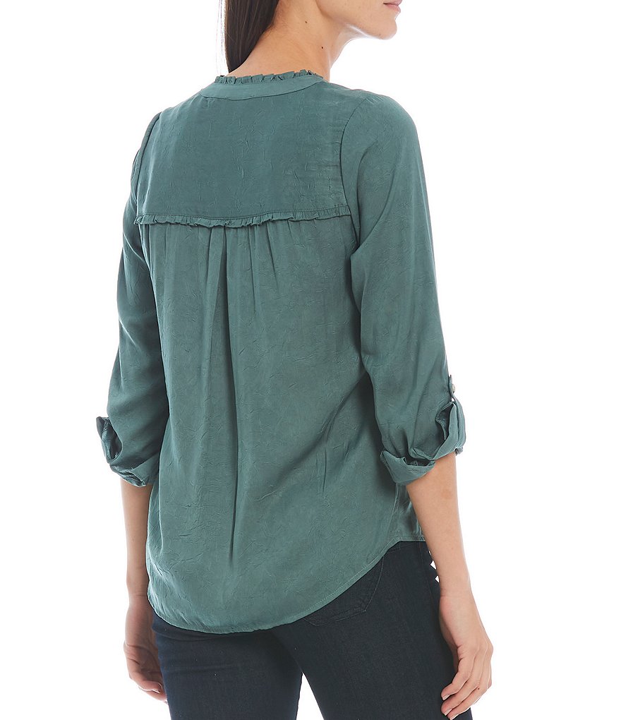 Democracy Solid Woven V-Neck 3/4 Roll-Tab Sleeve Button Down Shirt