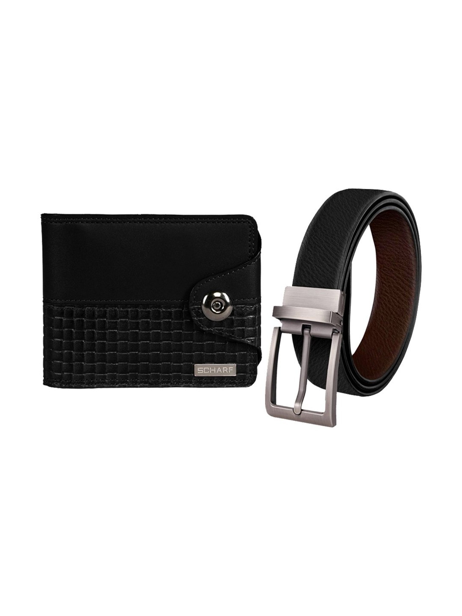 Scharf Black Leather Set Of Waist Belt And Wallet For Men