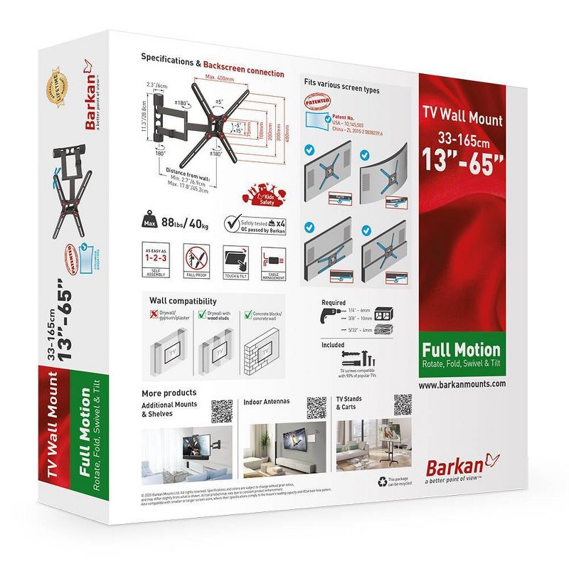 Barkan 13 - 65" Full Motion - 4 Movement Flat / Curved TV Wall Mount Black