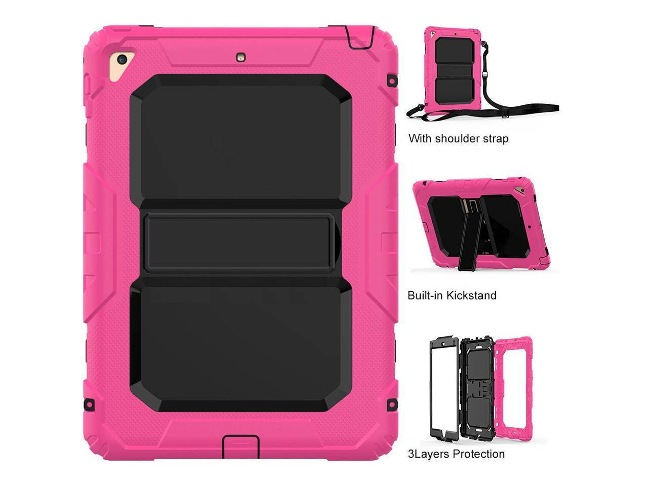iPad 9.7 Case iPad Air 2 Cover Heavy Duty Rugged Shockproof Silicone Protective Case With Stand & Shoulder Strap For Apple iPad Air 2 / iPad Pro 9.7 / iPad 9.7 2017 2018 iPad 5th / 6th Generation