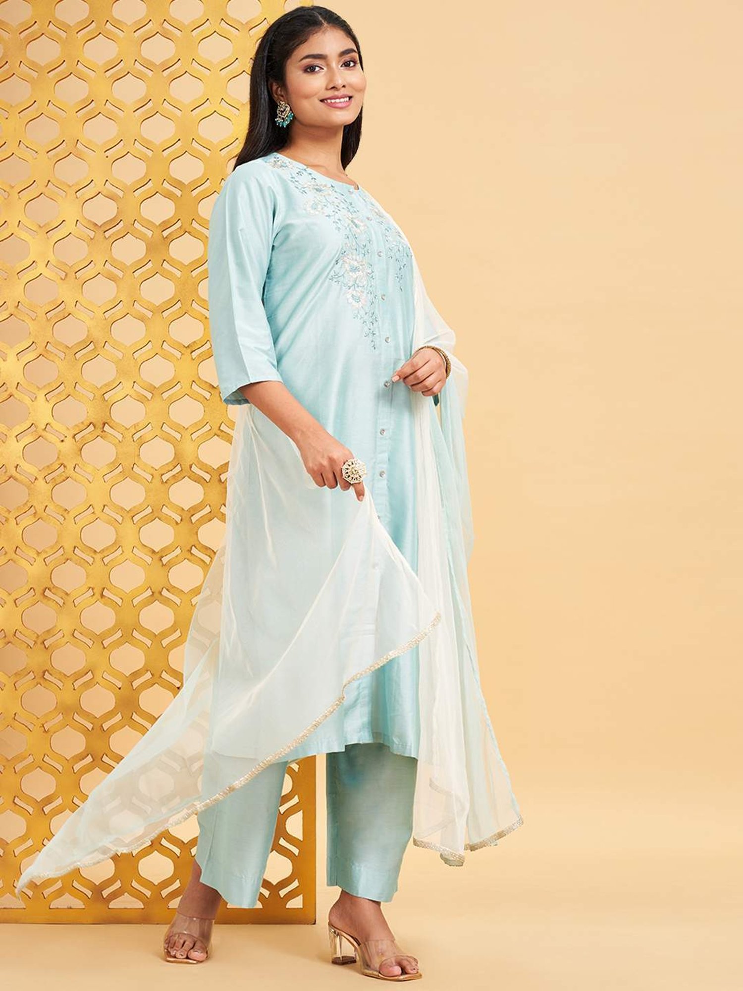 Rangmanch by Pantaloons Canal Blue Embroidered Kurta Palazzo Set With Dupatta