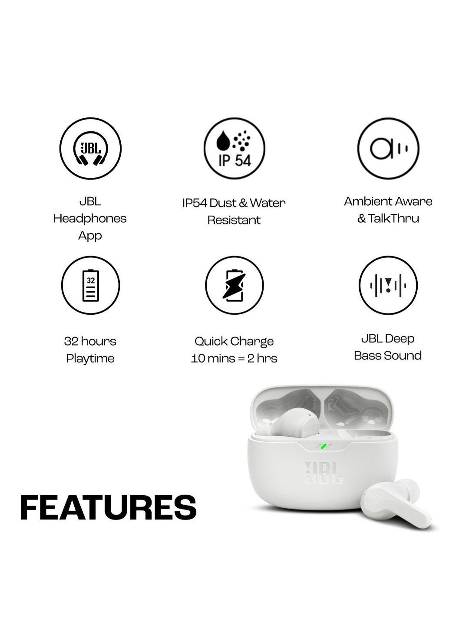 JBL Wave Beam TWS, 32Hr, Deep Bass, Dual Mode, Quick Charge, IP54, Smart Ambient & TalkThru (White)