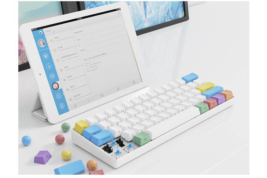 A-jazz AK61 Bluetooth Wireless and  USB Wired Dual Connectivity Mechanical Gaming Keyboard, Durable ABSKeycaps, White Backlit -Blue Switch( White )